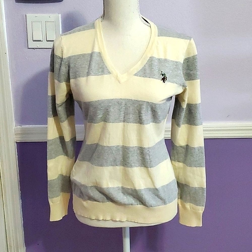 US Polo Assn. Gray & Cream Striped Long Sleeve Modern Chic Sweater